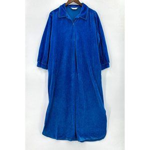 Vintage At Home Wear Robe Women's Velour Housedress Long Sleeve Pockets Blue XL